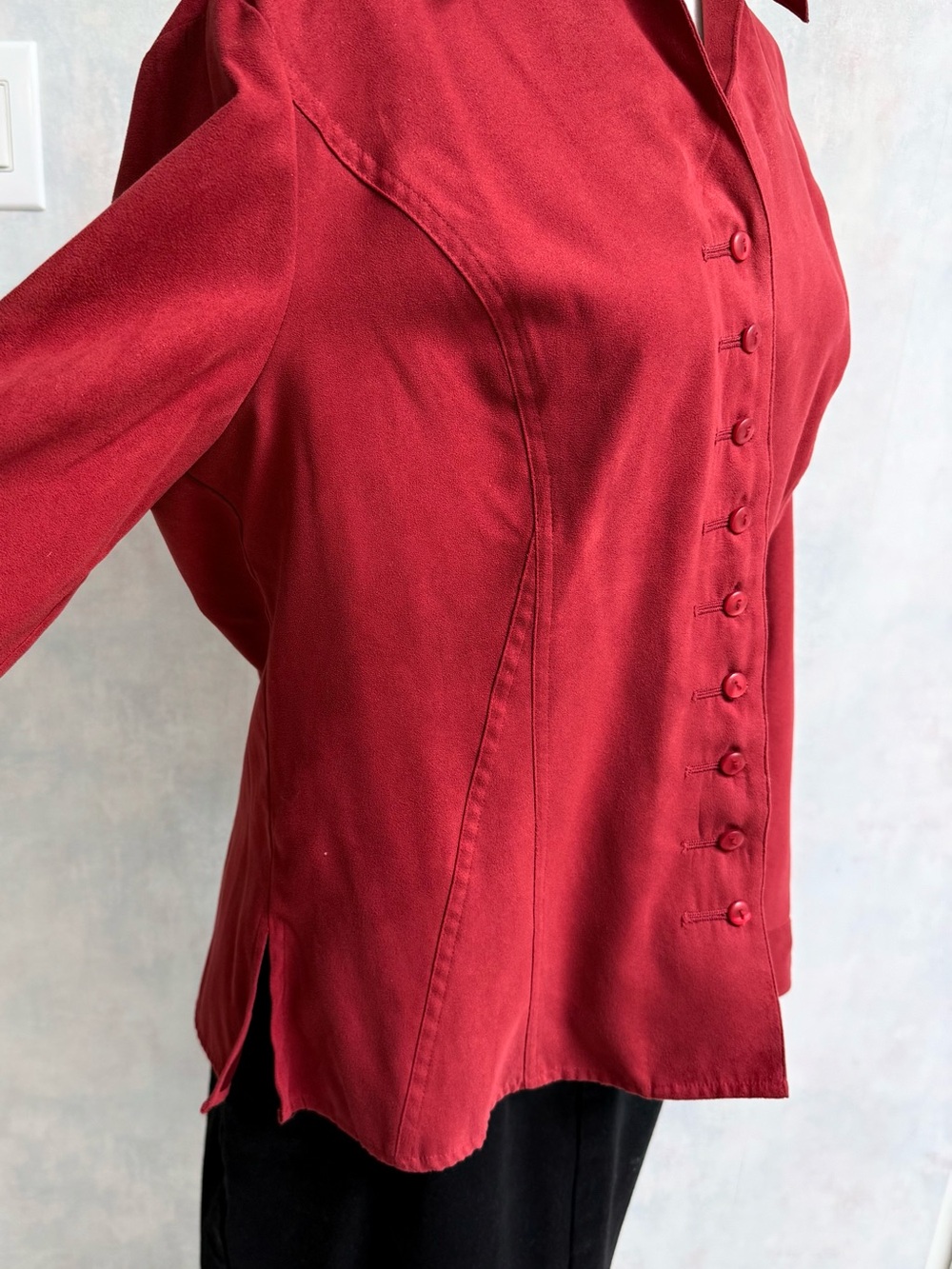 Dress Barn Red “Suede” Feel Career Dress Long Sleeve Top V-Neck, Button Accent